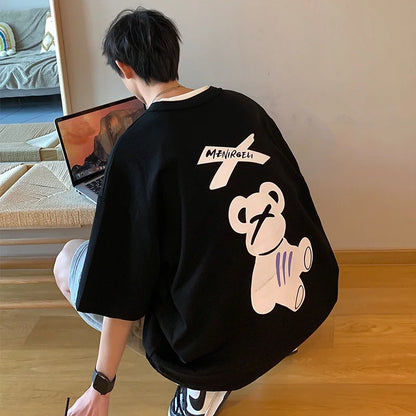 Camiseta de manga corta HMZ de moda coreana para hombre, con estampado de oso de dibujos animados, holgada, de gran tamaño, estilo hip hop, para parejas.