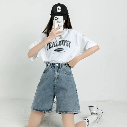 ZOENOVA - Pantalones cortos vaqueros con cinturón para mujer, holgados, estilo Y2K, rectos, vintage, estilo urbano, de mezclilla, sueltos, para verano, 2024