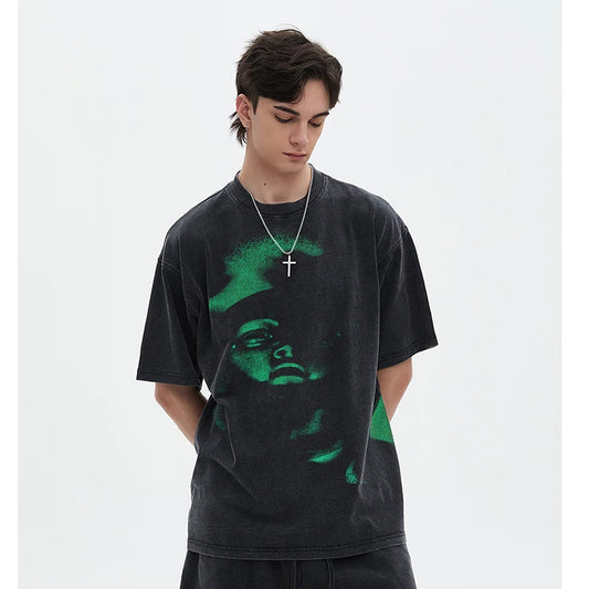 Washed Black Graphic Face Cotton T-Shirt