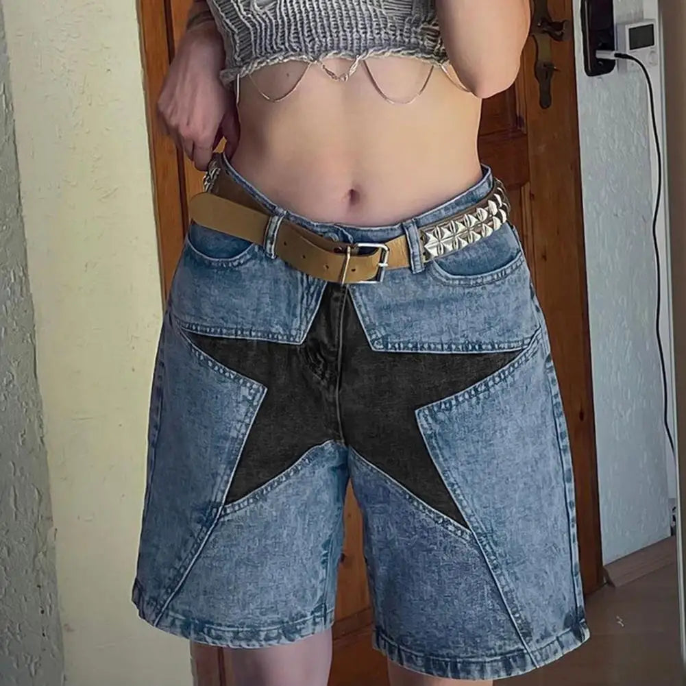 Pantalones cortos con bolsillos para mujer, pantalones cortos elegantes hasta la rodilla para mujer, pantalones cortos de cintura baja con parches de estrellas, estilo urbano.