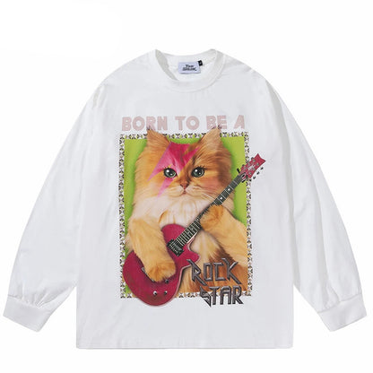 Graphic Rock Guitar Cat Print Sweatshirt