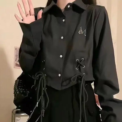 Black Casual Bandage Blouse Shirt