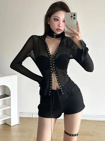 Sexy Vintage Patchwork Gauze Bodycon Shirt