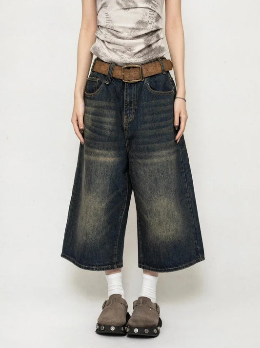 Pantalones cortos vaqueros azules de cintura alta estilo Harajuku vintage de los años 2000 para mujer, informales, holgados, estilo urbano punk Y2K.