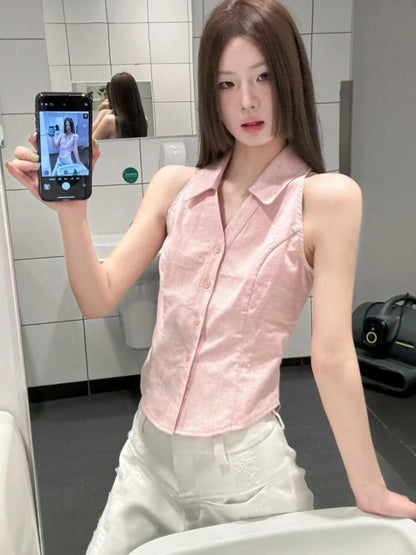 Pink Grunge Crop Blouse Casual Shirt
