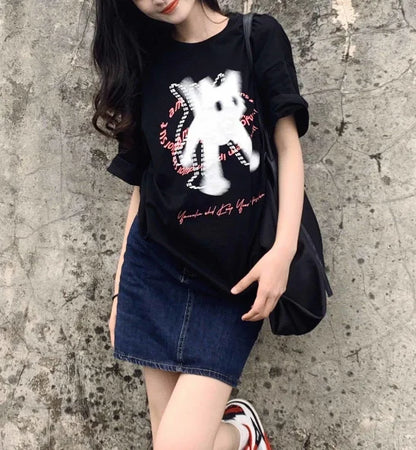 Camisetas holgadas con estampado de gato para mujer, estilo kawaii, estética Y2k, ropa de calle informal que combina con todo, estilo grunge japonés, estilo Harajuku