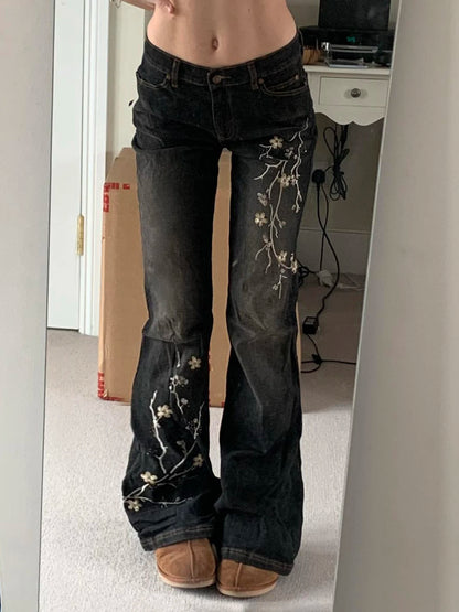 Vintage Floral Embroidery Low Rise Jeans