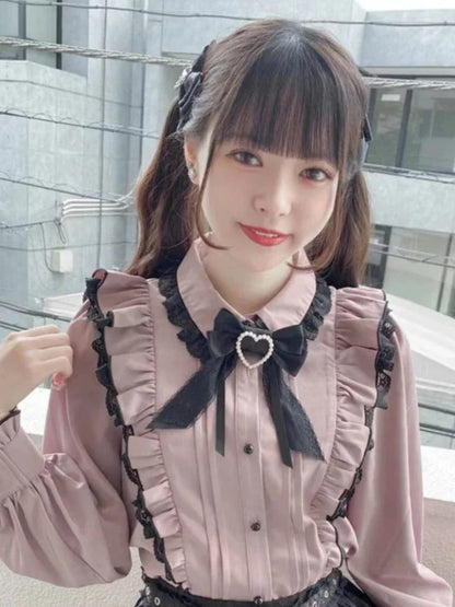 Pink Lace Ruffle Bow Blouse Shirt