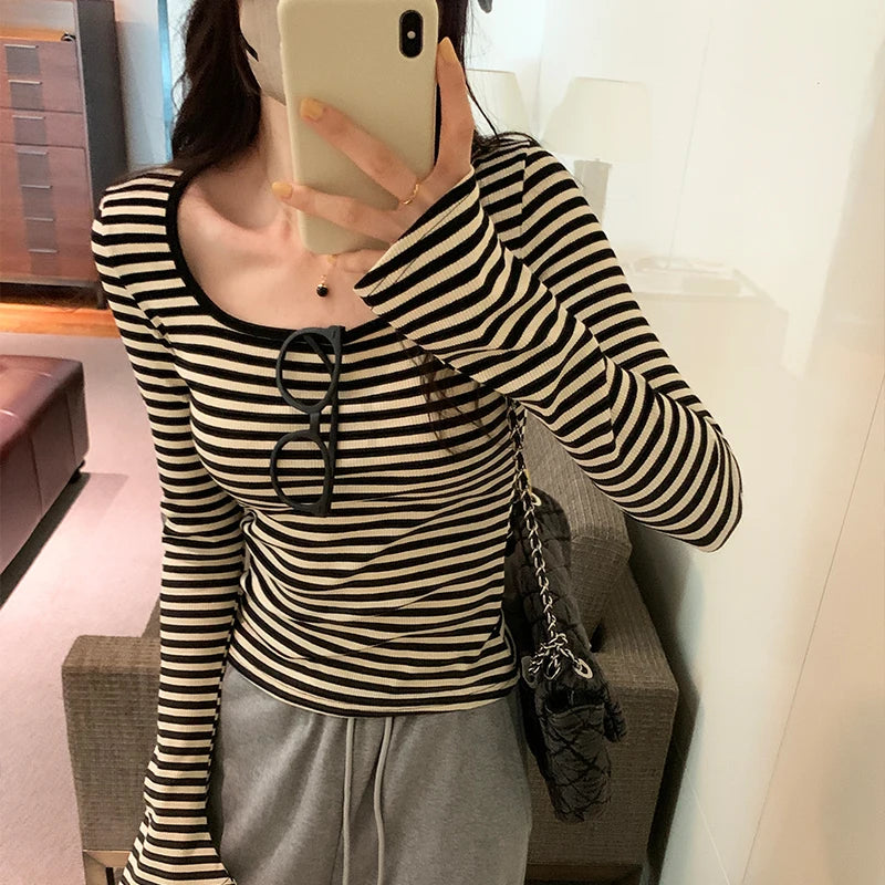 Striped Square Neck Long-sleeved T-shirt