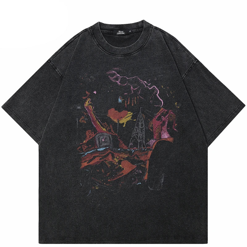 Retro Washed Black Graphic Cotton T-Shirt