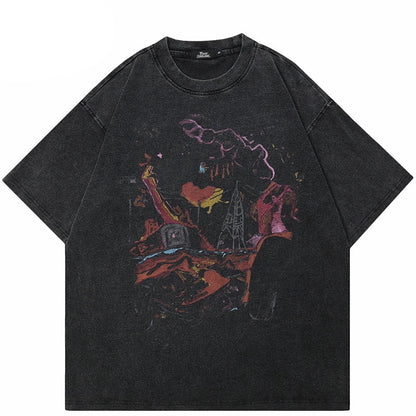 Retro Washed Black Graphic Cotton T-Shirt