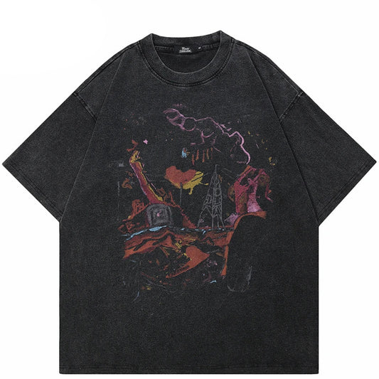 Retro Washed Black Graphic Cotton T-Shirt