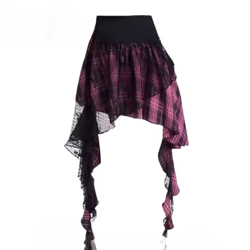 Plaid Lace Patch Gothic Irregular Skirt