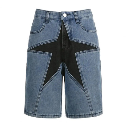 Pantalones cortos con bolsillos para mujer, pantalones cortos elegantes hasta la rodilla para mujer, pantalones cortos de cintura baja con parches de estrellas, estilo urbano.