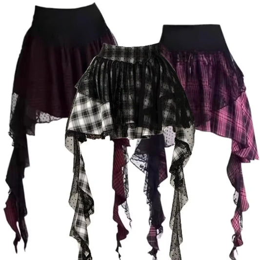 Plaid Lace Patch Gothic Irregular Skirt
