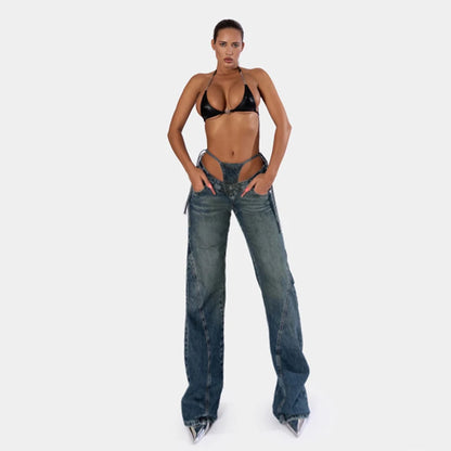 Patchwork Fake Two-Piece Denim Jeans