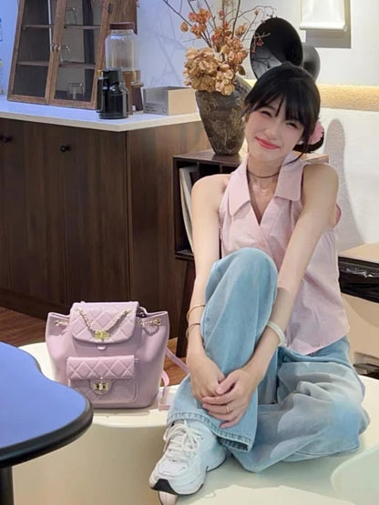Pink Grunge Crop Blouse Casual Shirt
