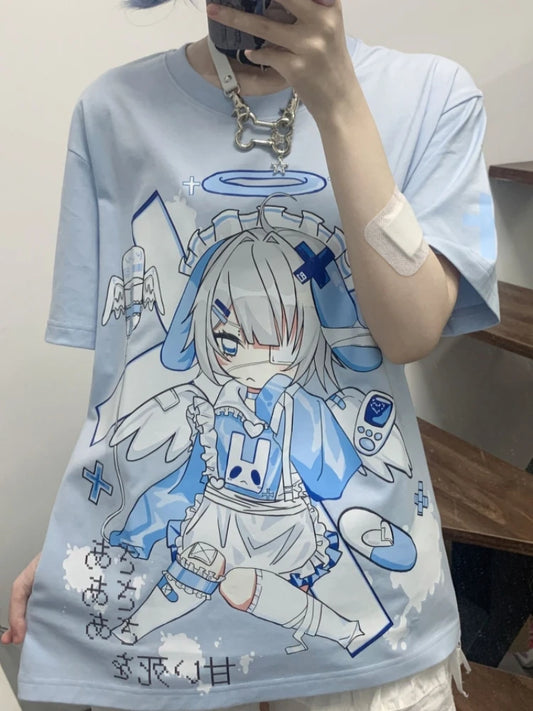 Cute Japanese Cartoon Print Oversized T-Shirt