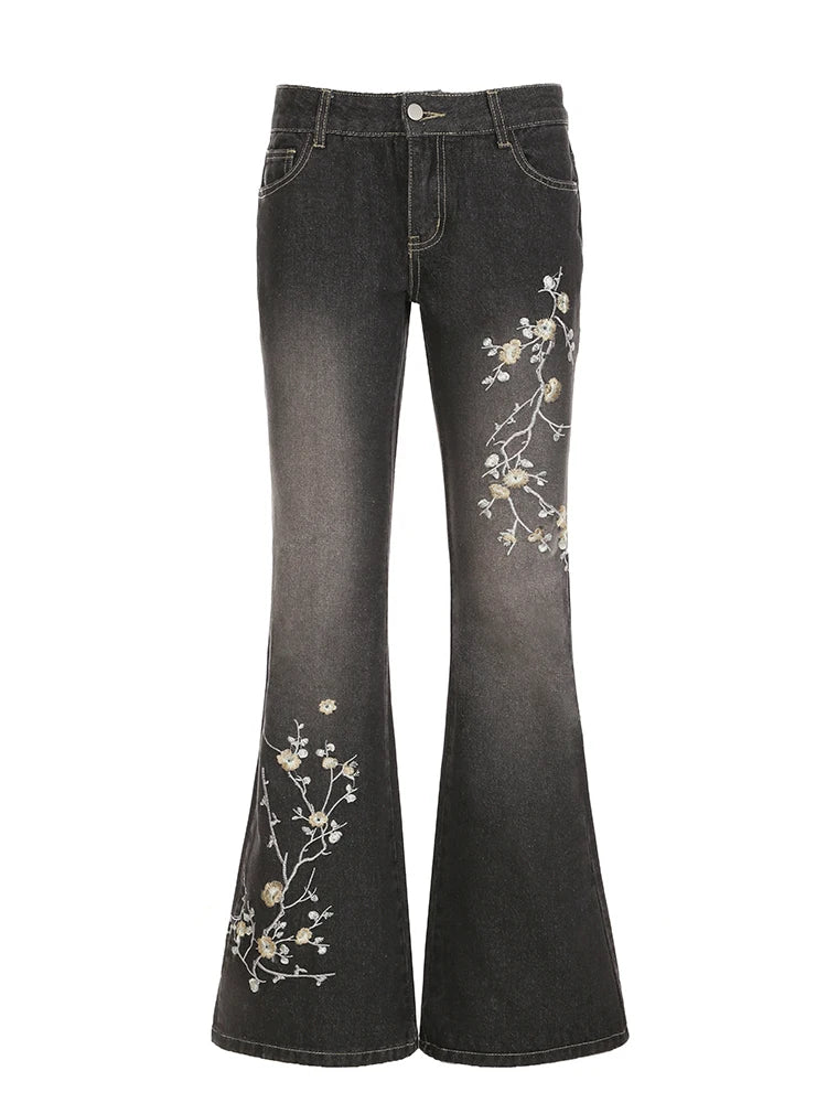 Vintage Floral Embroidery Low Rise Jeans