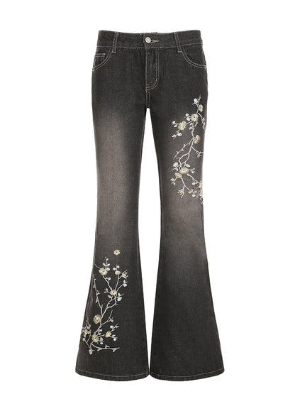 Vintage Floral Embroidery Low Rise Jeans