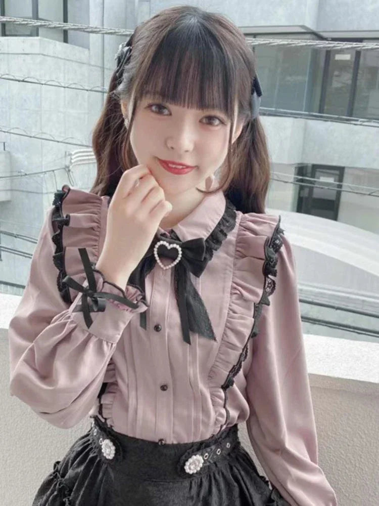 Pink Lace Ruffle Bow Blouse Shirt