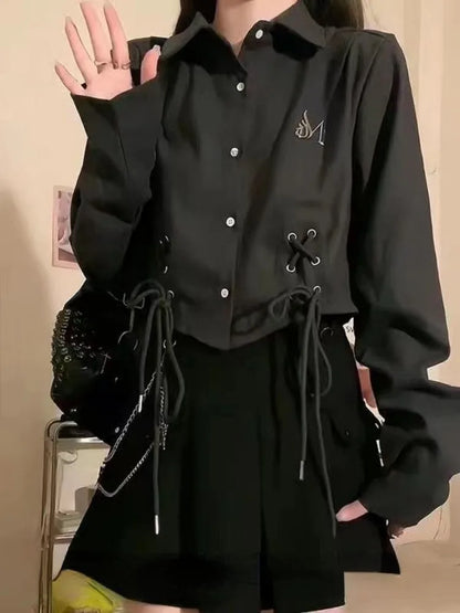 Black Casual Bandage Blouse Shirt