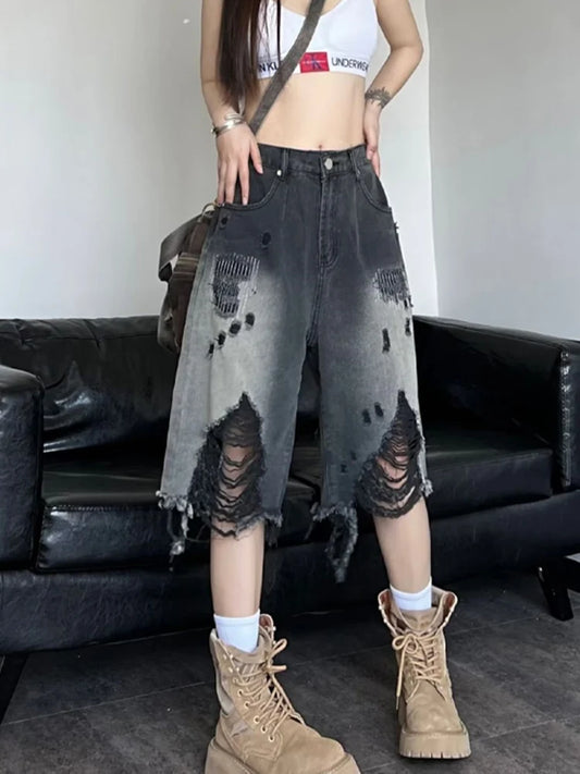 Vintage Ripped Gradient Denim Shorts