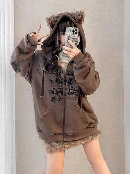 Cute Casual Loose Ears Zipper Hoodie