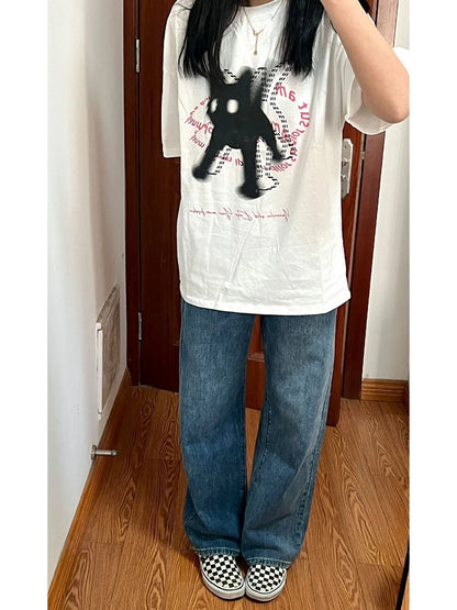 Camisetas holgadas con estampado de gato para mujer, estilo kawaii, estética Y2k, ropa de calle informal que combina con todo, estilo grunge japonés, estilo Harajuku