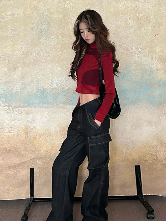 Color Contrast Knitted High Collar Sweater