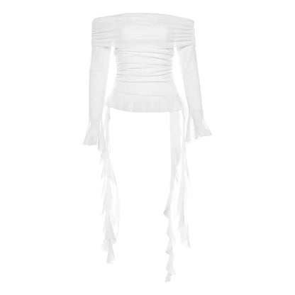 Irregular Ruffled Sexy Off-Shoulder Gauze T-Shirt