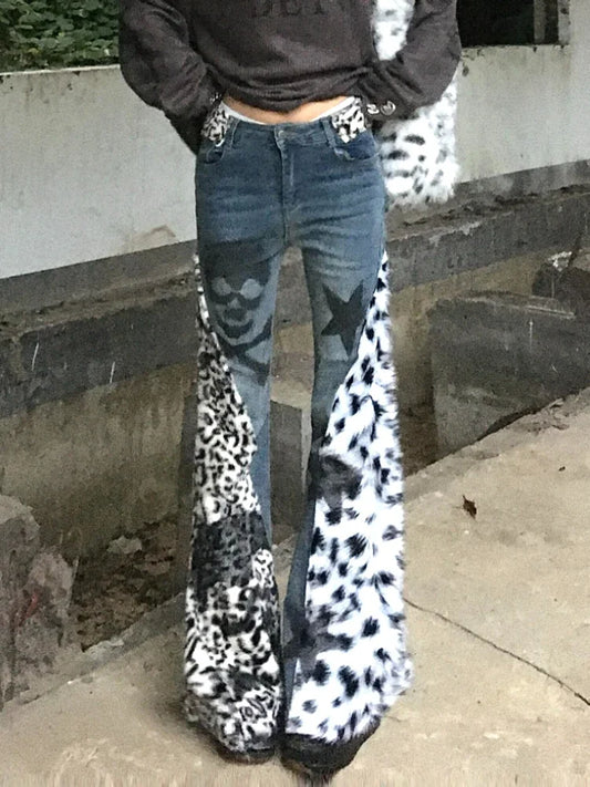 Vintage Leopard Star Print Flare Jeans