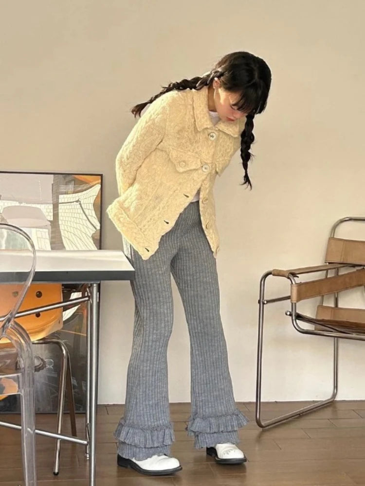 Vintage Korean Ruffles Flare Wide Pants