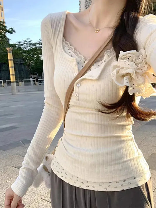 Sweet Flower Print Patchwork Lace T-Shirt