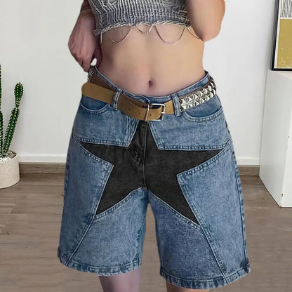 Pantalones cortos con bolsillos para mujer, pantalones cortos elegantes hasta la rodilla para mujer, pantalones cortos de cintura baja con parches de estrellas, estilo urbano.