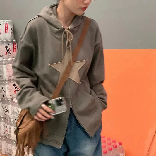 Retro Star Patch Zip-Up Hoodie