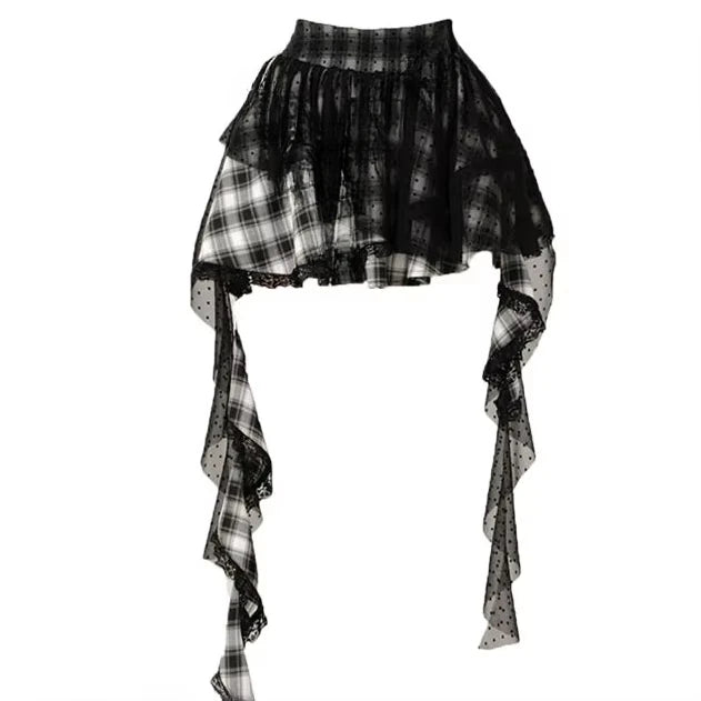 Plaid Lace Patch Gothic Irregular Skirt