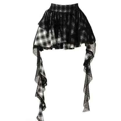 Plaid Lace Patch Gothic Irregular Skirt
