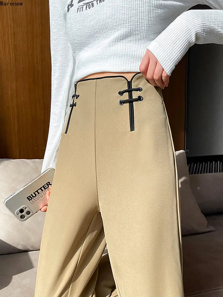 Pantalones de pierna ancha de cintura alta, lisos, estilo chino vintage, para mujer, otoño 2023, holgados, negros, suaves, largos