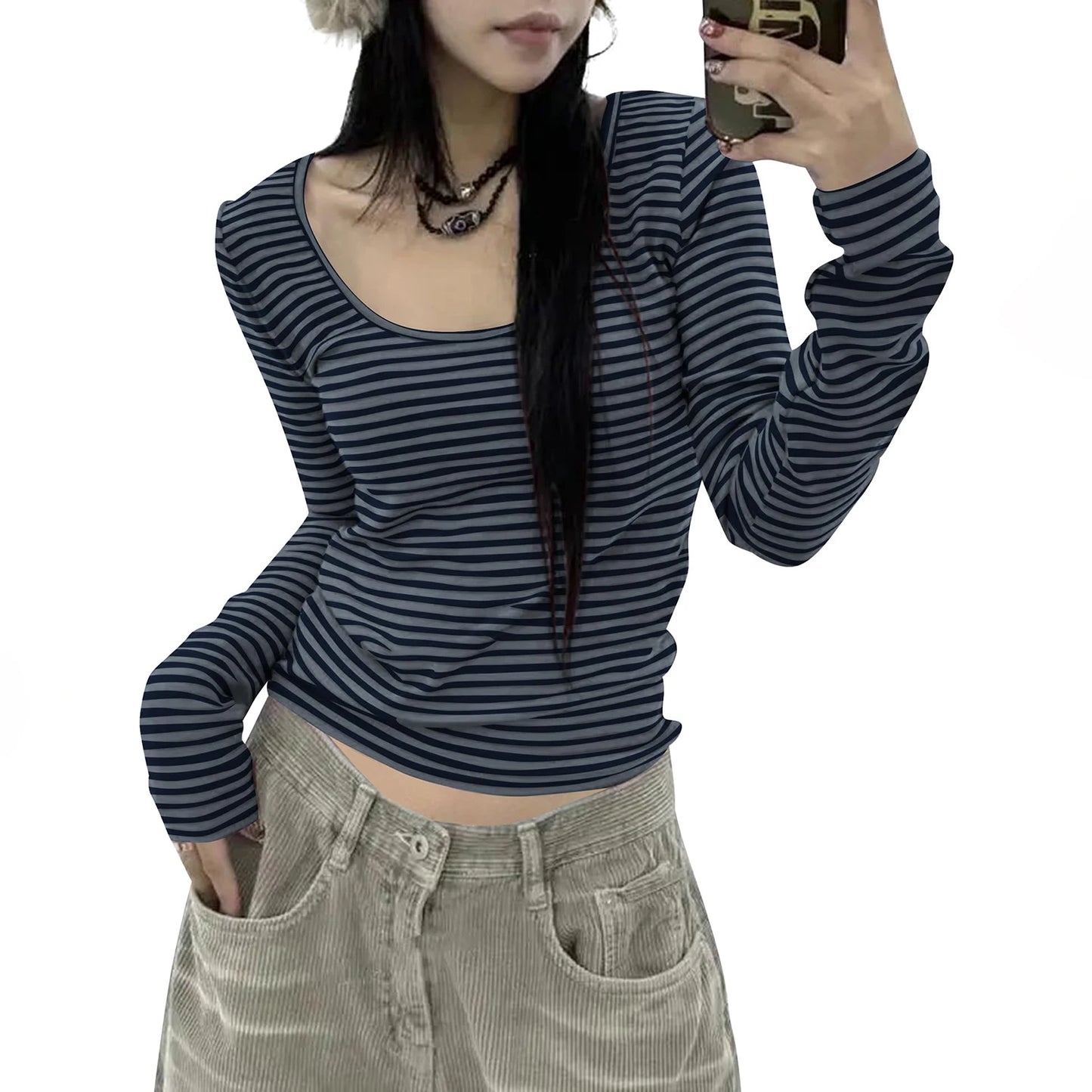 Striped Long Sleeve U-Neck T-Shirt