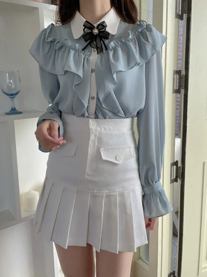 Sweet Bow Ruffle Patchwork Shirt
