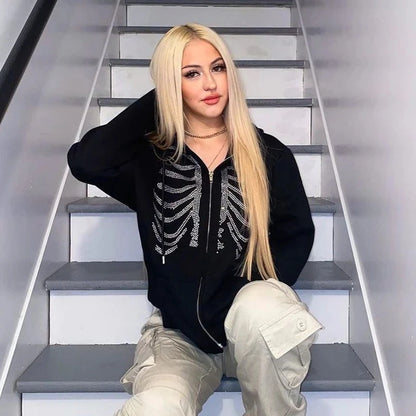Rhinestone Gothic Skeleton Zip-Up Hoodie