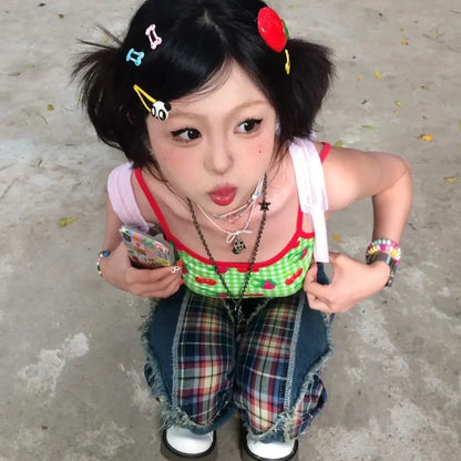 Y2K Patchwork Green Halter Crop Top