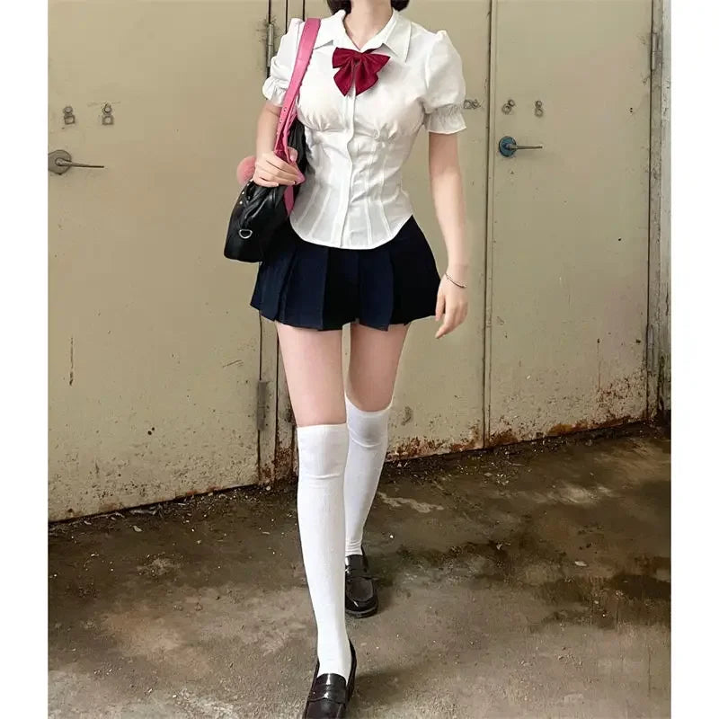 Elegant Slim White Blouses Japanese Shirt