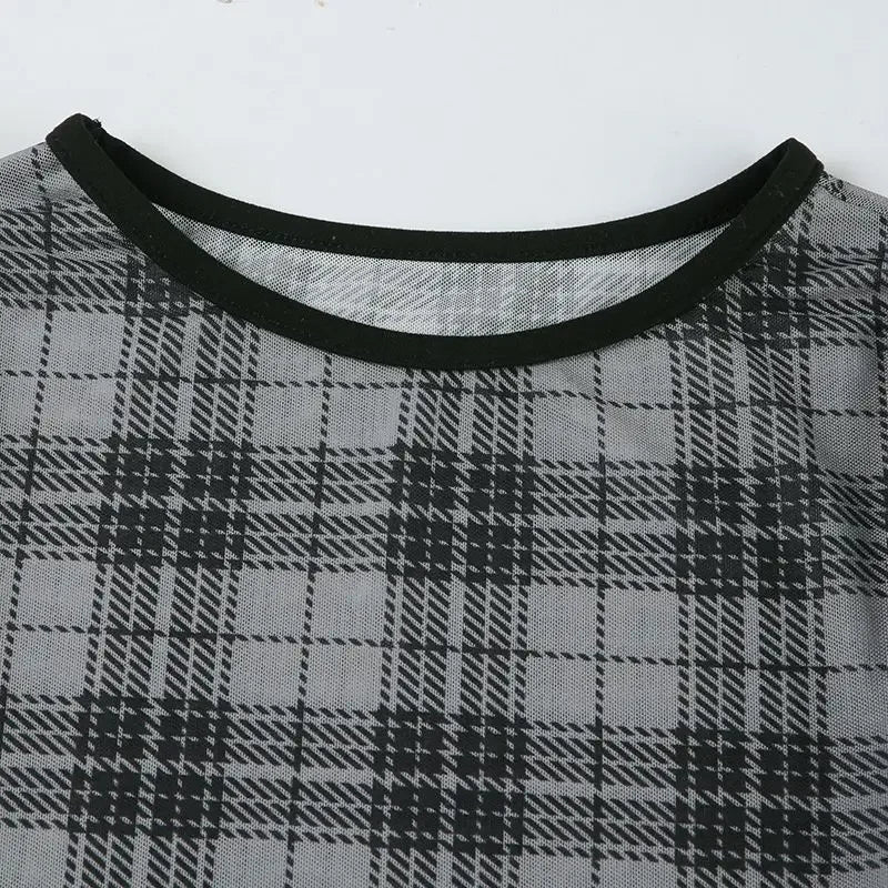 Y2K Plaid Mesh Print Crop T-Shirt