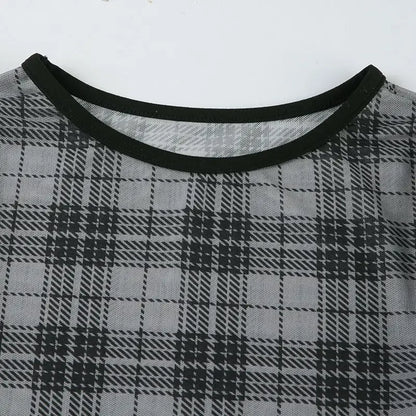 Y2K Plaid Mesh Print Crop T-Shirt