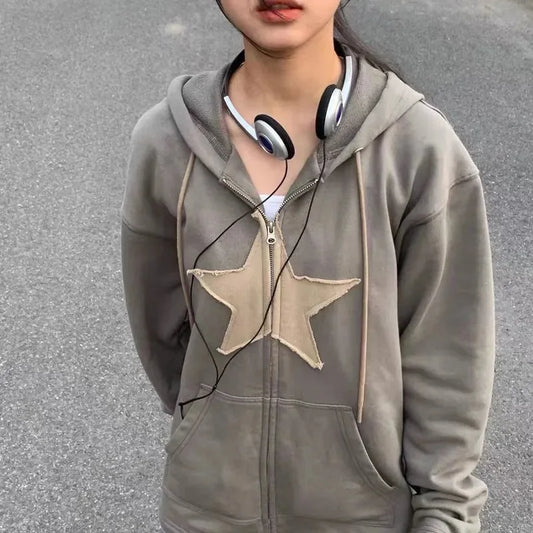 Retro Star Patch Zip-Up Hoodie
