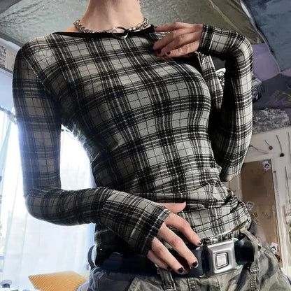 Y2K Plaid Mesh Print Crop T-Shirt