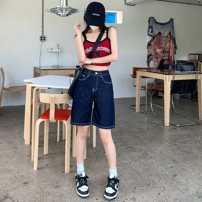 ZOENOVA - Pantalones cortos vaqueros con cinturón para mujer, holgados, estilo Y2K, rectos, vintage, estilo urbano, de mezclilla, sueltos, para verano, 2024