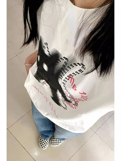 Camisetas holgadas con estampado de gato para mujer, estilo kawaii, estética Y2k, ropa de calle informal que combina con todo, estilo grunge japonés, estilo Harajuku